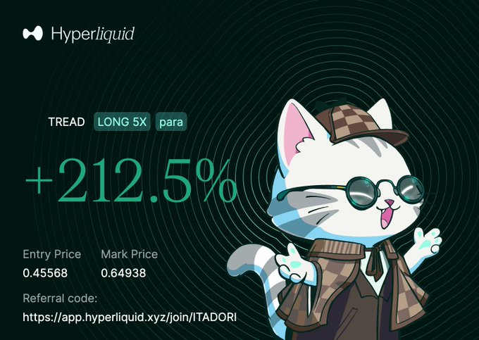 A promotional graphic for Hyperliquid showing a +212.5% return on TREAD LONG 5X para, with an entry price of 0.45568 and mark price of 0.64938, featuring a cartoon white cat with sunglasses and a referral link.