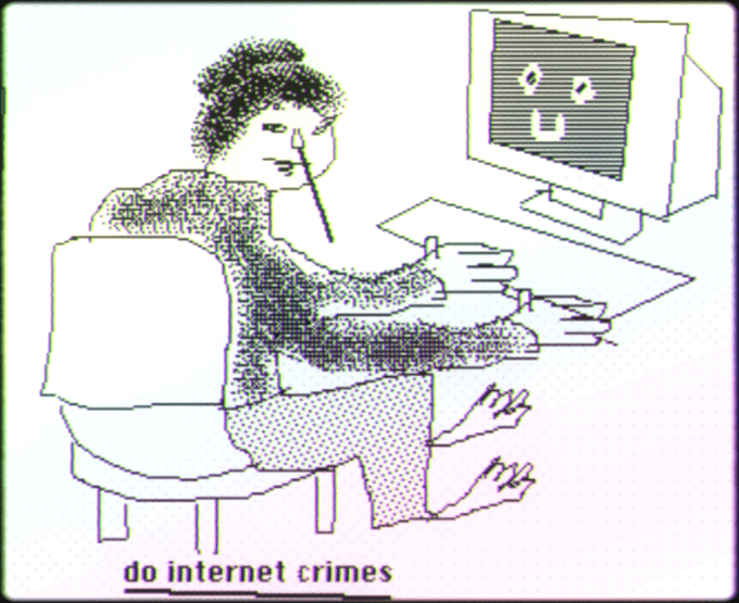 A pixelated retro-style illustration of a person sitting barefoot at a computer desk typing at a keyboard, with a smiling face on the monitor, captioned 'do internet crimes' at the bottom.