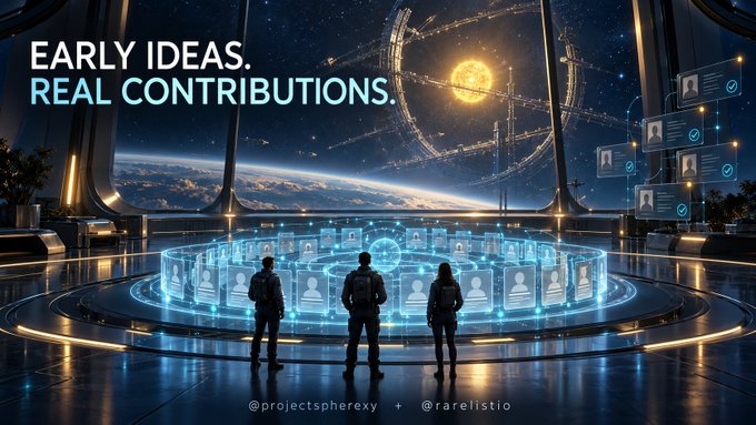 A futuristic space-station conference scene with three silhouetted people before glowing blue avatar panels; text reads “EARLY IDEAS. REAL CONTRIBUTIONS.” with “@projectspheraxy + @rarelistio” along the bottom.