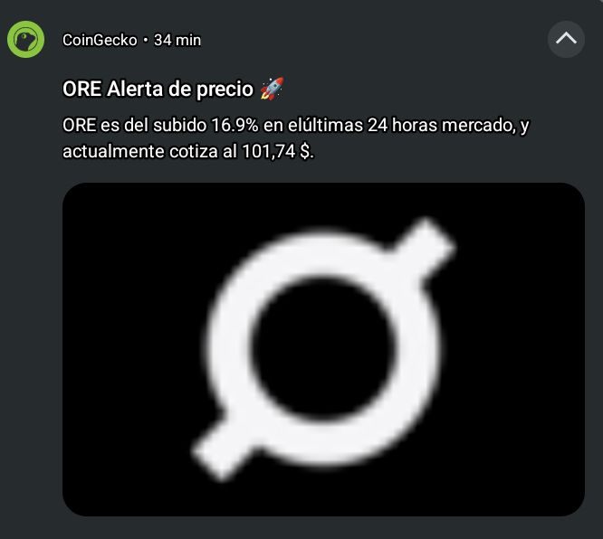 A CoinGecko price alert notification showing 'ORE Alerta de precio 🚀' indicating a 16.9% increase in 24 hours to $101.74, featuring the ORE cryptocurrency logo.