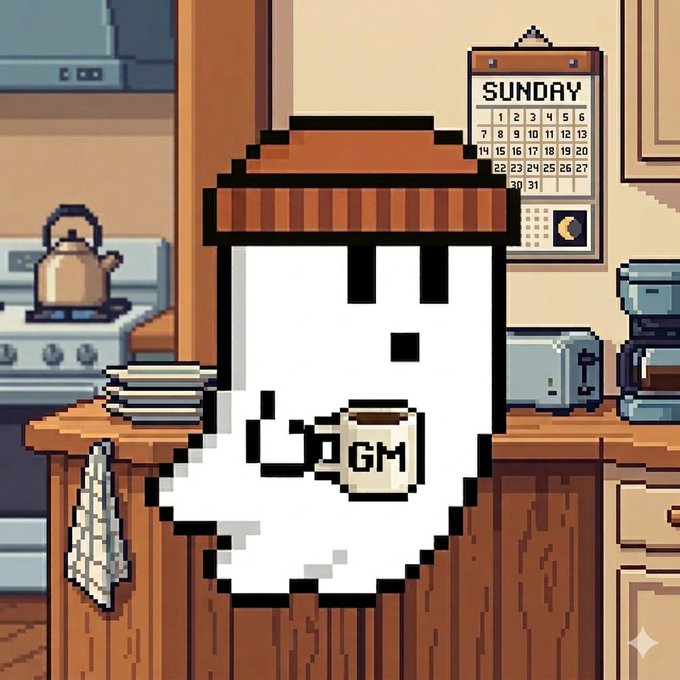 A pixel art ghost wearing a "GM" coffee mug and a brown beanie holds a cup in a cozy kitchen with a Sunday calendar on the wall. The image ties into the post's relaxed Sunday vibe, with the "GM" mug symbolizing a friendly "good morning" greeting as the creator shares their daily crypto plans.