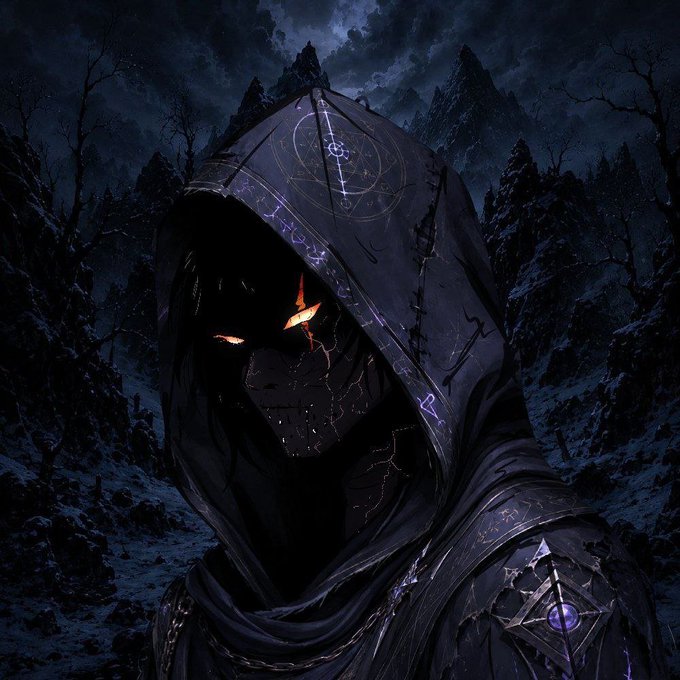 A dark fantasy digital artwork depicting a hooded figure with a cracked, glowing-eyed mask, wearing robes adorned with magical runes and symbols, set against a gloomy forest backdrop.