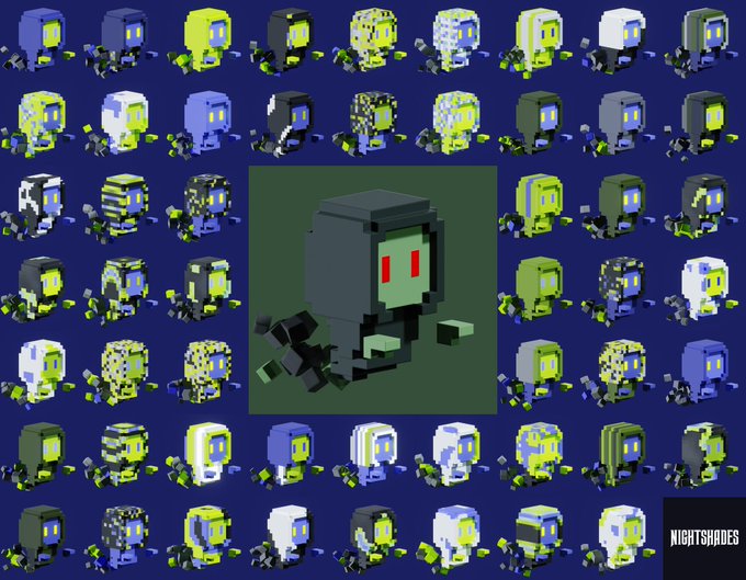 A grid displays dozens of voxel-style hooded figures with glowing eyes in various color variations, with a larger, detailed character with red eyes centered in the middle, and "NIGHTSHADES" labeled in the bottom right corner—showcasing the diverse ghost-like characters from the Nightshades onchain game.