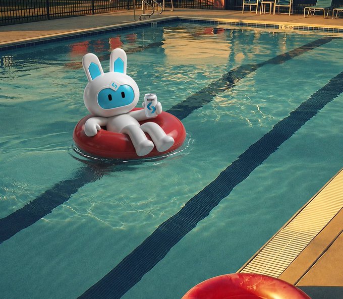 A white robotic bunny mascot relaxes on a red inner tube in a swimming pool, holding a drink while drifting leisurely between the lane lines. The image mirrors the post's message of stepping back from the market—trading for relaxation and patience rather than forced action, with the calm, unhurried float embodying the strategy of letting the market come to you.