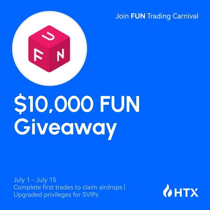Promotional graphic for HTX's FUN Trading Carnival featuring a pink "FUN" cube logo and bold text announcing a "$10,000 FUN Giveaway" from July 1–15, offering airdrops for completing first trades and upgraded privileges for SVIPs. The post highlights a last chance to trade $FUN for a share of the $10,000 prize, with $2 FUN rewards per first trade and exclusive $3,000 incentives.
