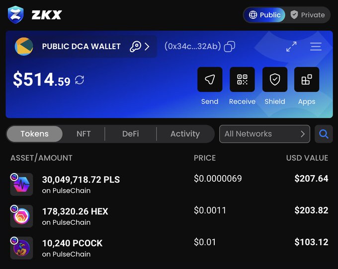The image shows a screen of an app displaying information about transactions involving public cryptocurrency called ZKX. The title "My Public Pulsechain DCA wallet" indicates that this user has created their own digital currency management system using public digital currency technology, and they have chosen to use the ZKX platform for managing their assets. The image includes details such as the amount of $5141.99 transferred between two addresses, token picks, and a detailed account of every transaction taking place on the app. Additionally, there is information about various wallet options available in the app.