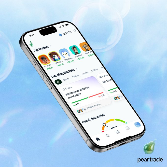 A promotional image for pear.trade showing a smartphone displaying a trading app with top traders, trending markets for crypto and politics, and a conviction meter feature.