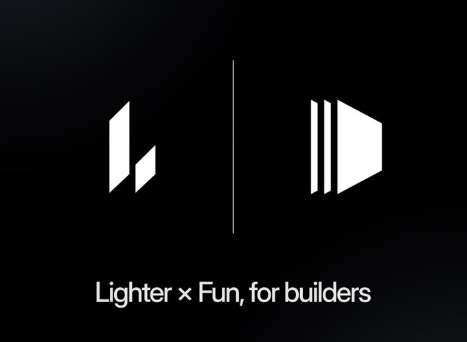 A minimalist black graphic displays the stylized "L" logo of Lighter on the left and a layered/play-button-like icon on the right, separated by a vertical line, with the text "Lighter × Fun, for builders" beneath. The image visually represents the partnership announcement, highlighting the collaboration between Lighter and Fun to enable universal deposit functionality for users.