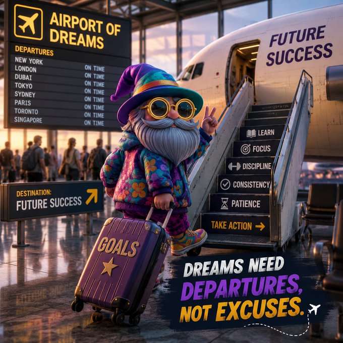 The image features a cartoon character dressed as a wizard with a colorful outfit, holding a suitcase and standing next to an airport sign that says "Airport of Dreams". The character appears to be waving at people who are waiting for their flights or walking by. The text in the image reads "Every dream has an airport Some people keep waiting for the perfect moment Others pack their goals, embrace discipline, and board the flight Your future is not delayed by a lack of dreams It is delayed by a lack of departure Dreams need departures, not excuses". This message encourages individuals to pursue their dreams and overcome any obstacles that may come their way.