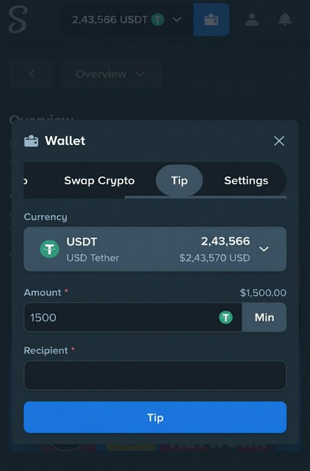 A Stake.com wallet screenshot showing a crypto tip interface with a $1,500 USDT (Tether) tip being prepared, supporting the promotional post offering $1,500 tips to 5 random followers. The image displays the Tip tab selected with the amount field pre-filled with 1500 USDT, ready to be sent to a recipient.