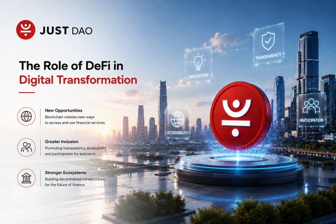 A promotional graphic titled 'The Role of DeFi in Digital Transformation' by JUST DAO, featuring icons representing Innovation, Transparency, Accessibility, and Participation.