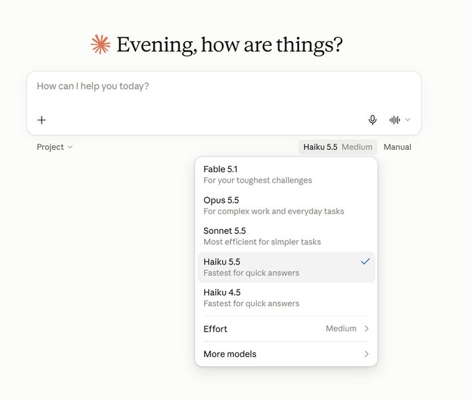 The image shows Claude AI's interface with a model selection menu displaying options: Fable 5.1 ("For your toughest challenges"), Opus 5.5 ("For complex work and everyday tasks"), Sonnet 5.5 ("Most efficient for simpler tasks"), and Haiku 5.5 ("Fastest for quick answers"), which is currently selected. The menu also shows Effort set to Medium, supporting the post's reference to "Anyway 5.5" being live by displaying the full lineup of available Claude models.