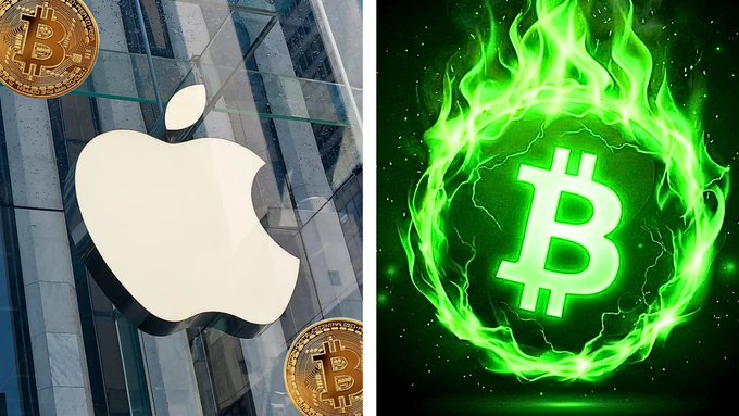 A composite image showing the Apple logo on a building with Bitcoin coins on the left, and a green flaming Bitcoin symbol on the right.