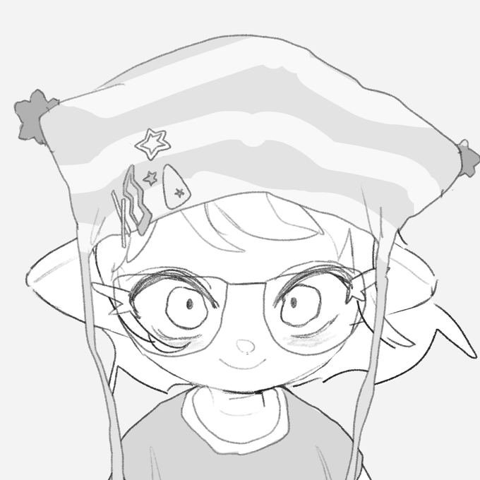 A grayscale anime-style illustration of a character with wide eyes, wearing a striped hat adorned with a star and lightning bolt.