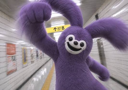 A large purple furry mascot resembling a bunny with a wide grin raises its fist triumphantly in a subway station, with an "Exit 8" sign visible in the background. The Suica rabbit character—a well-known Japanese train mascot—appears to be enthusiastically "airdropping" Pepe, tying into the playful crypto meme of the post.
