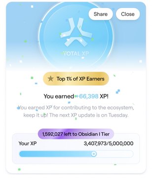 An XP reward screen showing 'You earned 66,398 XP!' with '1,592,027 left to Obsidian I Tier' and current XP at 3,407,973/5,000,000.