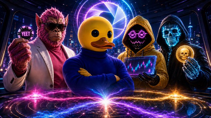 A digital artwork featuring four characters: a pink yeti/monkey in sunglasses holding a 'YEET' coin, a yellow duck in a blue sweater, a figure in a hoodie with pink pixelated glasses holding a tablet with charts, and a blue skull-headed figure holding a gold skull coin.