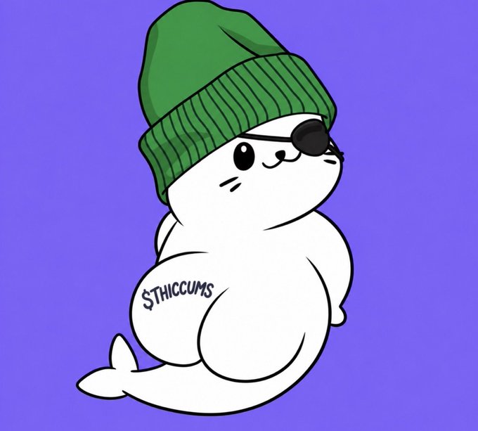 A cartoon seal wearing a green beanie and an eye patch, with the text '$THICCUMS' written on its body, set against a purple background.
