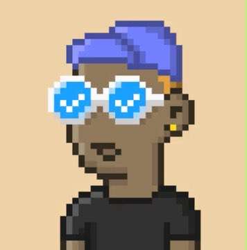 A pixel art character with blue hair wearing pixelated blue sunglasses with heart lenses and a black shirt against a tan background.