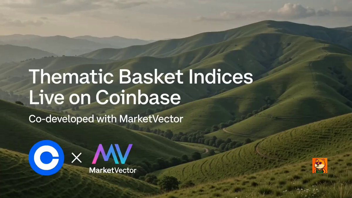 The image features a green mountain landscape with a text overlay that reads "Thematic Basket Indices Live on Coinbase Co-developed with Market Vector". The image also includes an orange cat sitting at the bottom right corner, possibly representing a promotional element for the coinbase platform or a symbol related to cryptocurrency.