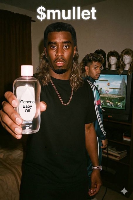 The image features a man holding up a bottle of baby oil, with another person standing behind him. The background includes a television set placed against a wall. The caption for the image reads "Too Soon? $mullet On Sol". This suggests that there might be an advertisement or promotional material related to baby oil and mullet products in progress.