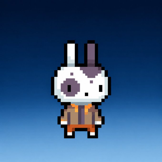 A pixel-art bunny character with one white and one purple ear, a white and purple-spotted face, and wearing an orange and brown outfit stands against a blue gradient background. The image visually represents the "ARC BUNNIES" NFT collection announcement, showcasing one of the 2,222 unique bunny designs being released on ARC CHAIN.