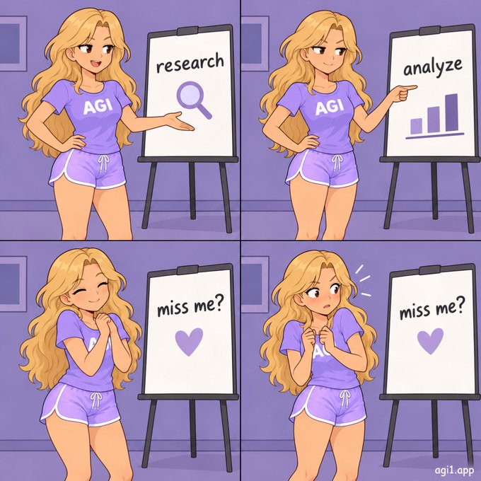 A blonde woman in purple "AGI" loungewear presents data across four panels, shifting from a professional "research" and "analyze" presentation to a wistful "miss me?" message with a heart. The meme humorously contrasts her serious AGI-themed chart presentation with a sudden, lonely appeal for attention—tying into the post's suggestion that $AGI investors are anxiously seeking validation despite (or because of) the analytical facade.