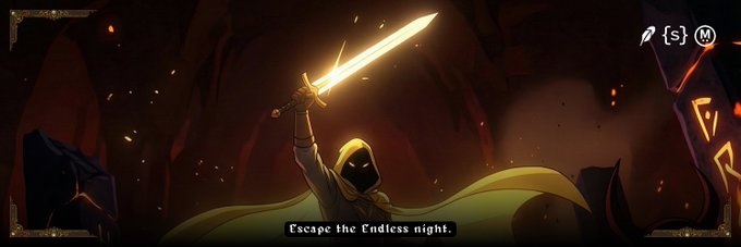 Video game scene showing a hooded figure holding up a glowing sword with the text 'Escape the Endless night.' at the bottom.