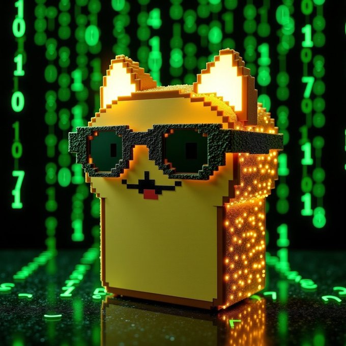 A pixel art figurine of a cat wearing sunglasses, glowing with orange lights against a background of falling green binary code.