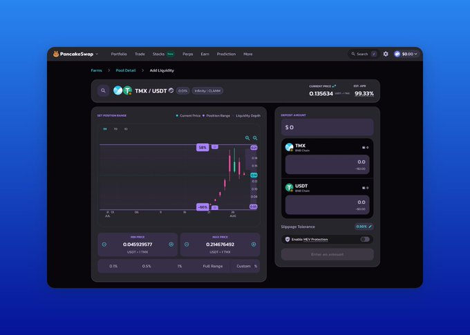 The PancakeSwap DeFi interface shows an 'Add Liquidity' page for the TMX/USDT pool with a balance of $0 and MEV protection enabled.