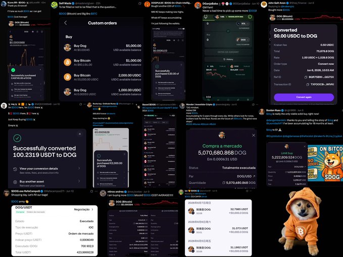 The image shows a diverse collection of social media feeds featuring various individuals, posts, and logos. The post includes logos for platforms such as Twitter, Facebook, and Instagram along with logos associated with cryptocurrency exchanges. This particular post seems to be focused on promoting a mindset or concept related to cryptocurrency trading in the form of an animal or other visuals.