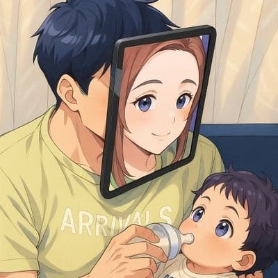 An anime-style illustration shows a father feeding a baby while a tablet displays the mother's face, with the shirt text "ARRIVALS" partially visible—a warm family scene juxtaposed against the "MOON MEME IS LIVE!" $MOON token promotional post, suggesting themes of arrival and new beginnings for the crypto launch.