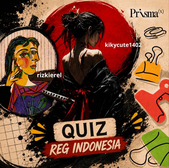 A promotional graphic for a 'QUIZ REG INDONESIA' event featuring a woman in traditional Japanese-style kimono with a red sun background, alongside stylized portraits of users 'rizkieriel' and 'kikycutie1402'.