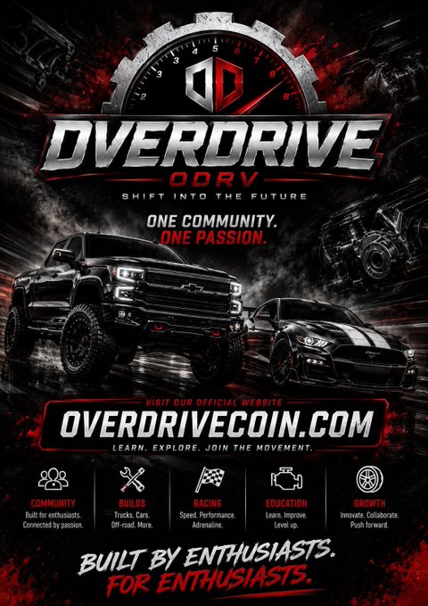 A bold promotional graphic for $ODRV (Overdrive Coin) featuring a Chevrolet pickup truck and Ford Mustang against a dark, smoky background, highlighting its branding "OVERDRIVE - SHIFT INTO THE FUTURE" alongside the website OVERDRIVECOIN.COM and pillars emphasizing Community, Builds, Racing, Education, and Growth for automotive enthusiasts.