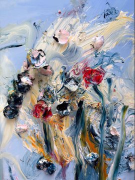 An impressionist-style oil painting depicting flowers with red and dark blooms against a soft blue and yellow background.