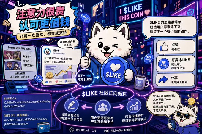 A promotional graphic for the $LIKE cryptocurrency features a Shiba Inu mascot, explaining its attention-token concept with Chinese text ("注意力很贵, 认可更值钱") and showing a positive feedback loop between creators, users, and content with the contract address CJMinhPYswa3k6az9SubepKnkJQ6KVpGGSphq9N9n7NV.