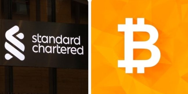 The image is split into two panels — on the left, a Standard Chartered bank logo on a dark background, and on the right, a large orange panel featuring the Bitcoin (₿) symbol. The visual pairing illustrates the post's message about Standard Chartered revisiting its $100,000 Bitcoin price target, suggesting the forecast may now be too conservative amid accelerating bullish momentum.