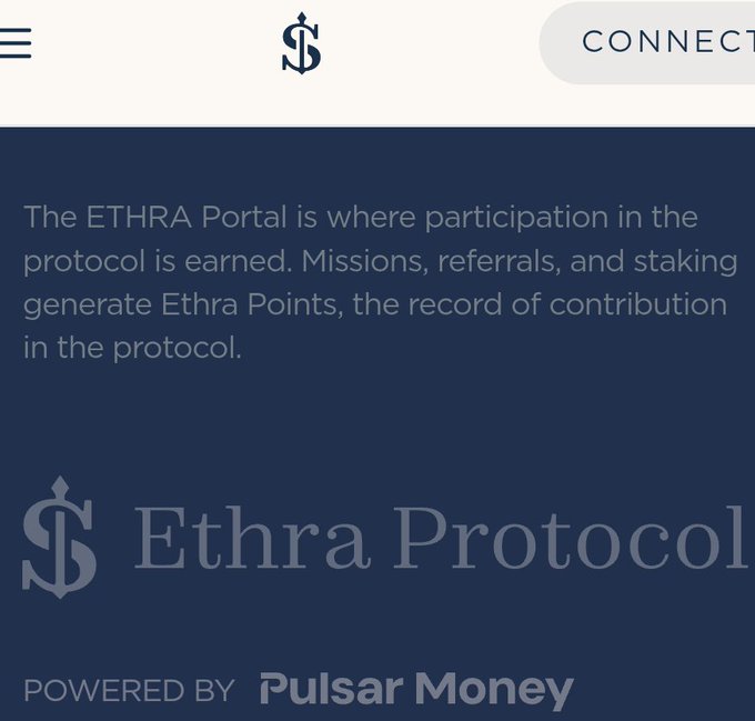 An ETHRA Protocol webpage screenshot on a dark blue background explaining that 'The ETHRA Portal is where participation in the protocol is earned' through missions, referrals, and staking, powered by Pulsar Money.