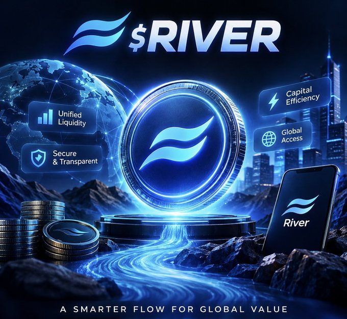 The image is a promotional graphic for **§RIVER** featuring a glowing RIVER coin centered on a podium, set against a backdrop of a digital globe, city skyline, and flowing water, accompanied by floating icons highlighting "Unified Liquidity," "Secure & Transparent," "Capital Efficiency," and "Global Access," with the tagline "A SMARTER FLOW FOR GLOBAL VALUE."

This visual ties directly to the post by symbolizing Season 6's expanded vision—showcasing River's interconnected infrastructure, unified liquidity, and secure global access as the foundation for community-driven value creation through @RiverdotInc and @River4fun.