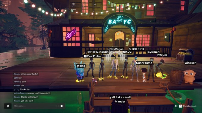A screenshot of a multiplayer game on a wooden dock labeled 'BAYC' where players like 'gt dog', 'JayVega', 'SLICK RICK', and 'GunnFromX' gather, with chat visible including messages like 'yall, take care!!' and 'Wander: Thanks for the tour!!'.