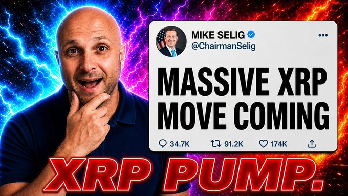 A YouTube thumbnail features a man posing against a fiery, electric-blue background next to a tweet from Mike Selig (@ChairmanSelig) reading "MASSIVE XRP MOVE COMING," with bold red text at the bottom declaring "XRP PUMP." The post aligns with the tweet's theme by highlighting bullish sentiment around XRP, suggesting that despite low retail expectations (25%) for the Clarity Act, the CFTC chair's optimistic stance signals a potential major price movement.