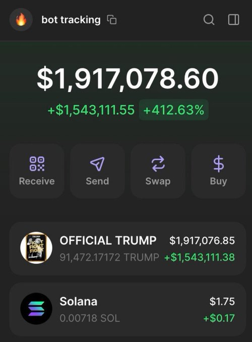 A crypto portfolio screenshot labeled "bot tracking" shows a balance of $1,917,078.60 with gains of +$1,543,111.55 (+412.63%), driven almost entirely by holdings of 91,472.17 OFFICIAL TRUMP tokens worth $1,917,076.85—illustrating the massive returns the poster bragged about catching with the TRUMP token.
