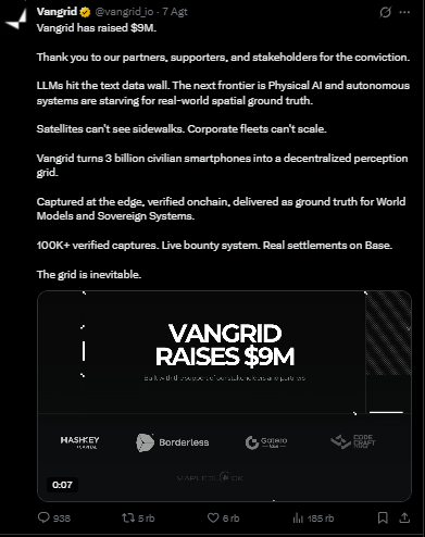 A tweet from Vangrid (@vangrid_io) announcing 'Vangrid has raised $9M' for their decentralized perception grid project, featuring a video thumbnail and investor logos including Hashkey Capital and Borderless.