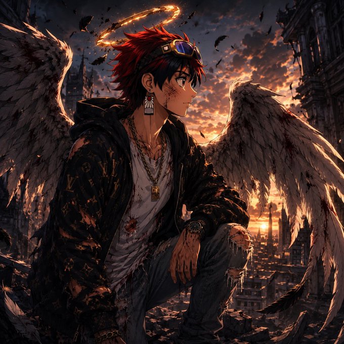 A red-haired anime character with large wings and a glowing halo kneels against a dramatic sunset cityscape, gazing thoughtfully into the distance.

The angelic figure embodies the hopeful, uplifting spirit of the post's "gm" (good morning) greeting and generous promise to send money to followers, symbolizing kindness and blessing being shared with the community.