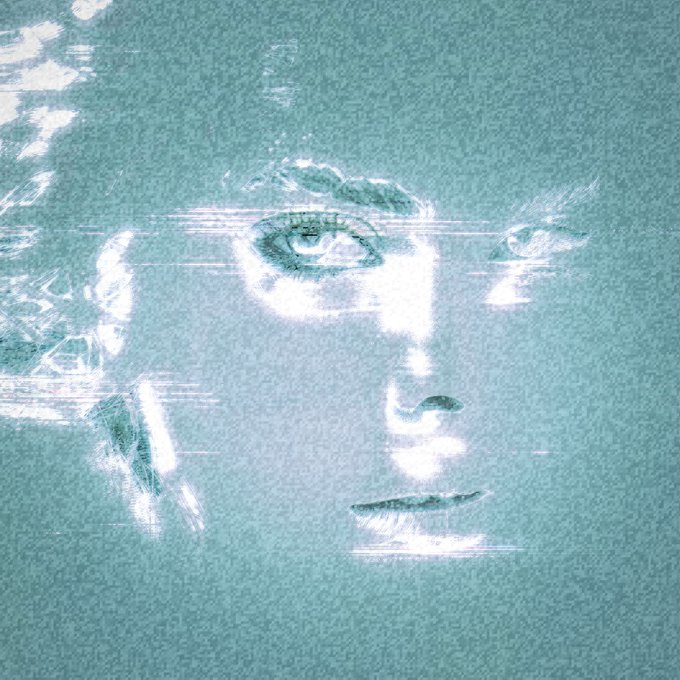 A stylized teal and white portrait of a person with blonde hair, rendered with a glitchy, sketched effect.