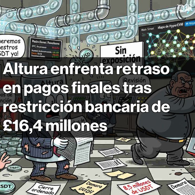 A Spanish-language news graphic with cartoon figures and the headline 'Altura enfrenta retraso en pagos finales tras restricción bancaria de £16,4 millones'.
