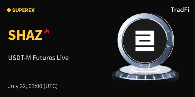 The image is a promotional graphic announcing that **$SHAZ (SharonAI Holdings)** is now live on **SuperEx** for **USDT-M Futures trading**, launching **July 22 at 03:00 (UTC)**. It features the SuperEx and TradFi logos, along with a futuristic metallic podium icon, visually reinforcing the listing's launch as a key milestone for the AI-focused crypto asset.