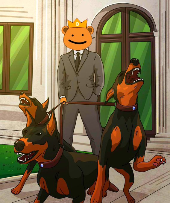 A cartoon illustration showing a figure in a suit with a bear-like head wearing a crown, standing while holding leashes attached to two Doberman dogs barking aggressively in front of a building.