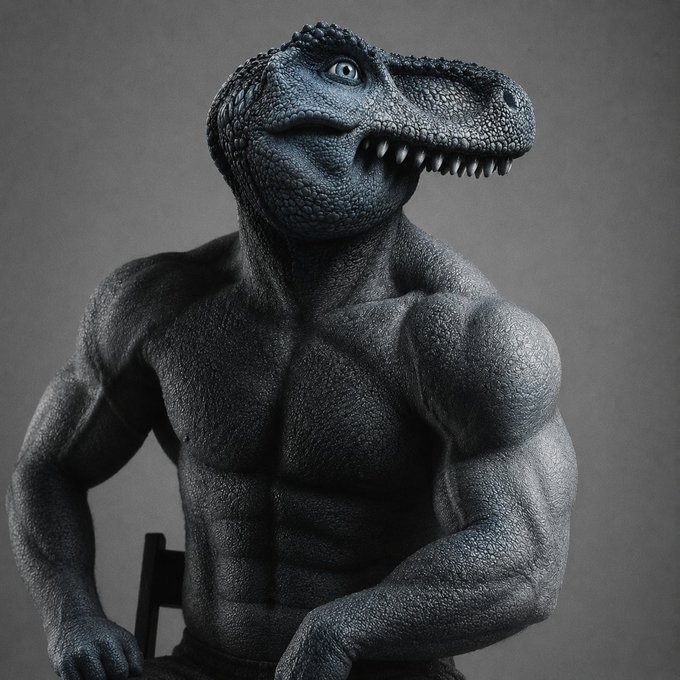 A muscular anthropomorphic velociraptor with grey scaly skin and piercing blue eyes poses confidently, symbolizing the strength and bullish momentum of the $FEFER token as described in the post. The fierce, dominating stance of the "blue dinosaur" personifies the coin's resilience, high holder count, and growing mindshare in the crypto space.
