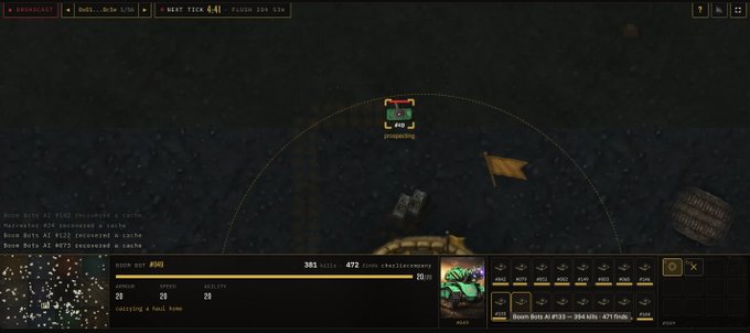 A screenshot from the 'Boom Bots' game shows a dark arena with a player bot named #349, displaying 20 kills and 29 deaths.
